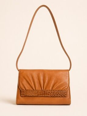 Gucci Vintage Cognac Leather Croc Trim Shoulder Bag Clutch